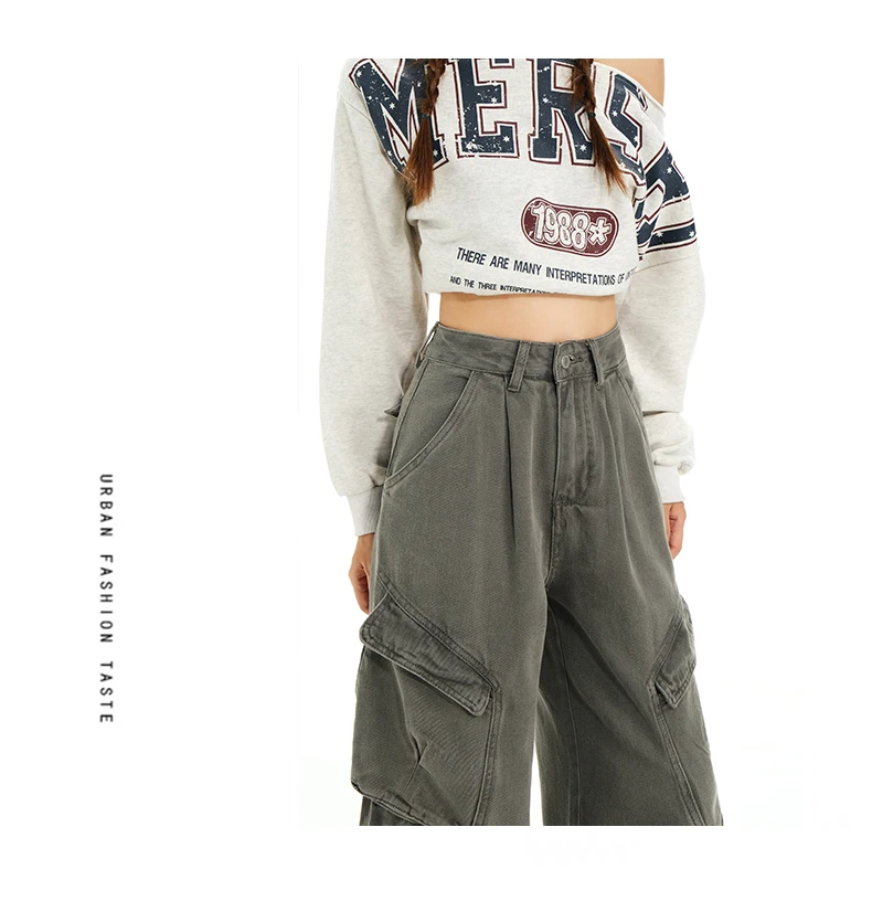 Retro Casual High Waisted Baggy Cargo Jeans Women Washed Distressed Wide Leg Pants Brown Denim Y2K Streetwear Vintage Trousers