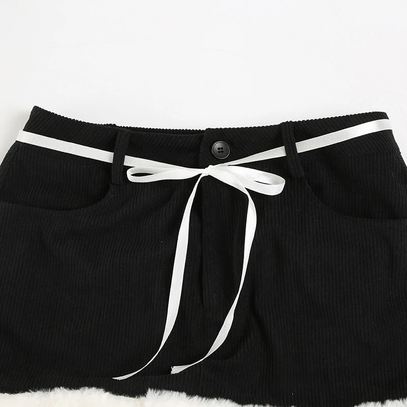 y2k Skirt Women Aesthetic Clothes Contrast Color Tie-up Low Waist Furry Patchwork Short Mini Skirt 2000s Streetwear