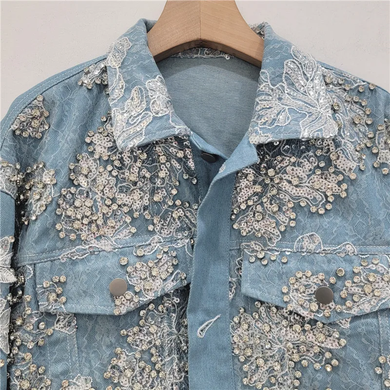 Heavy Industry Beads Diamond Lace Patchwork Denim Jacket Women's 2024 New Loose Slimming High Waist Single-breasted Jaqueta Coat