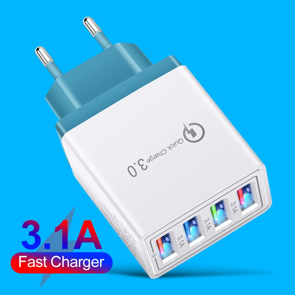 High-Speed QC 3.0 USB Charger with 4-Port LED Adapter, EU Plug