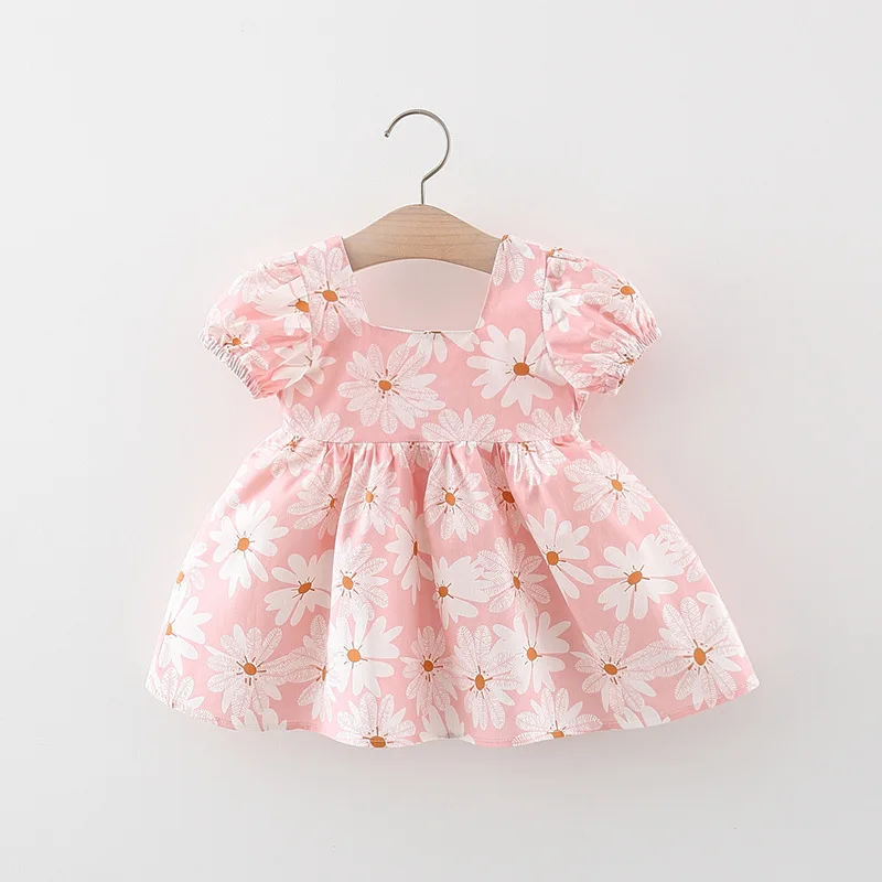 Sweet Children's Clothing Summer Flowers Puff Sleeves Baby Girls Dresses Fashion Bow Toddler Thin Kids Costume 0 To 3 Years Old
