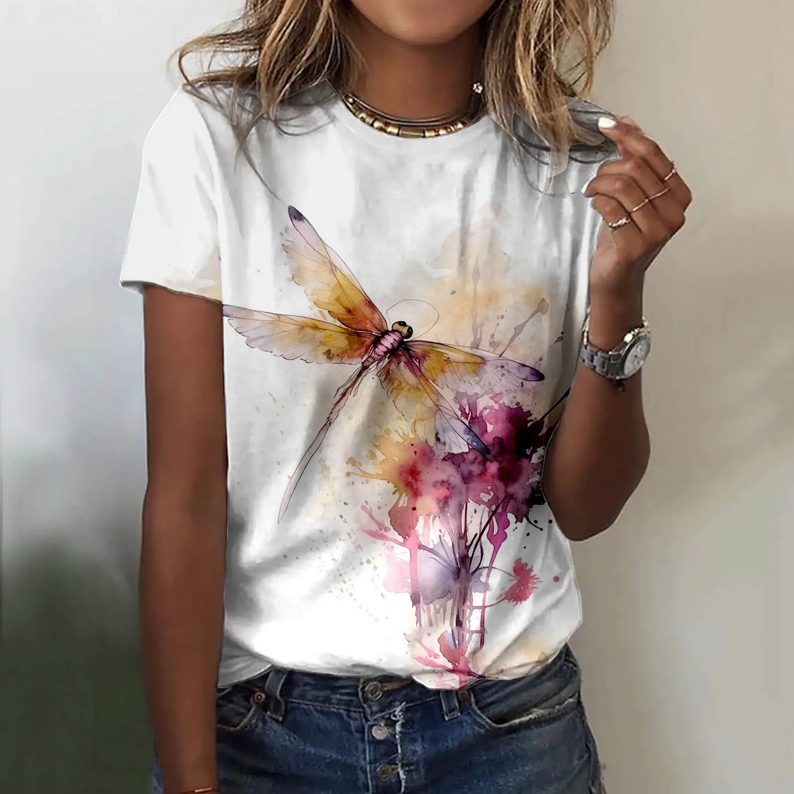 

Fun Aesthetic Graphics Tees For Women Summer O-Neck Short Sleeve Flower Dragonfly Print TShirt Female Casual Slim Fit Tops