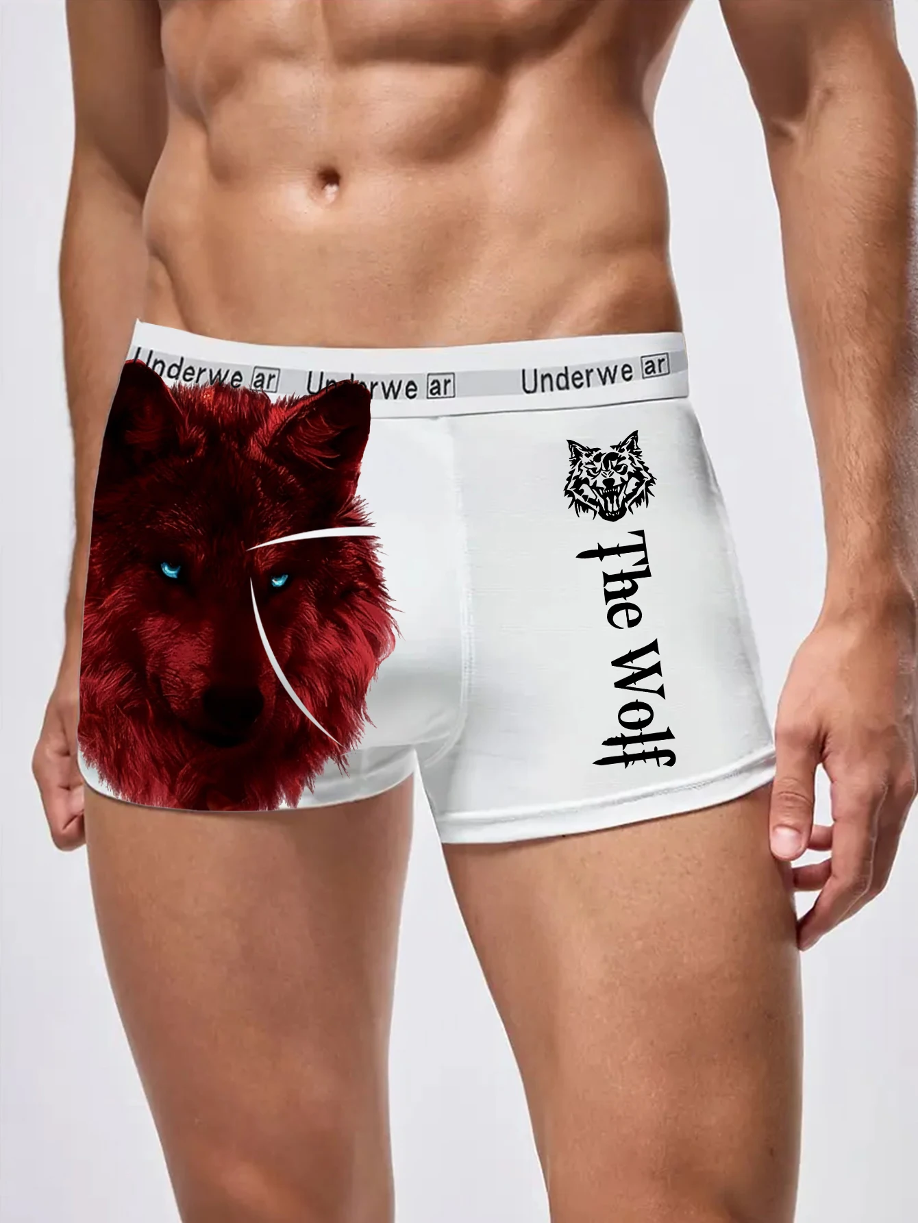 Herren-Boxershorts in Weiß, präsentiert coole Tiermuster wie Fierce Wolf, gemütliche Passform für Active Lifestyles