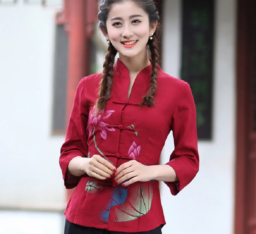 Hot Sale New Women Chinese Style High Quality Cotton Linen Tang Suit Jacket Fashion Printing Tops Coat Ladies Casual Jackets