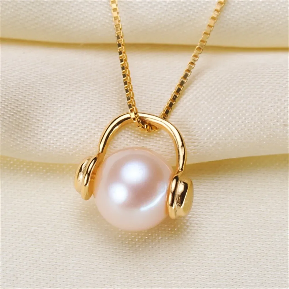 

DIY Accessory S925 Sterling Silver Pearl Pendant with Empty Earphone Style Necklace Pendant for Women Fit 8-9mm Round Beads