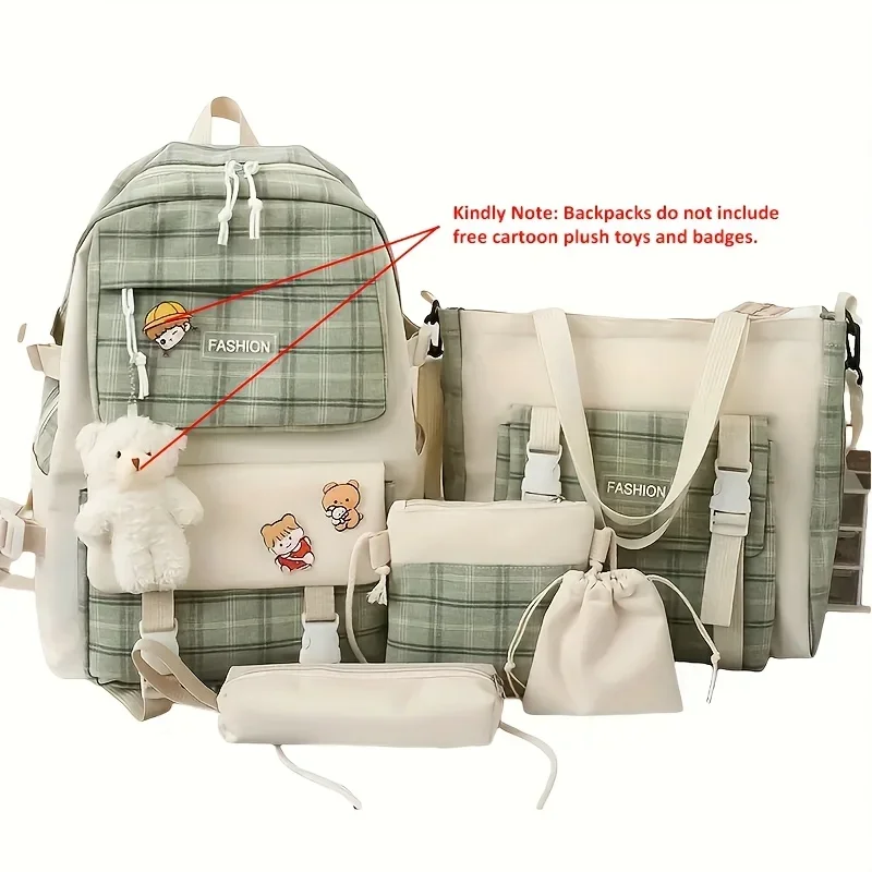 Cute Plaid Cartoon Canvas Five-Piece School Bag, Large Capacity Casual Simple Backpack, Women's Travel Bag Cosmetic Bag, for Girls And Women, Adaptable Stationery Bag, Women's Wallet, Women's Crossbody Bag, Women's Hand Bag (No Bear Pendant) 5