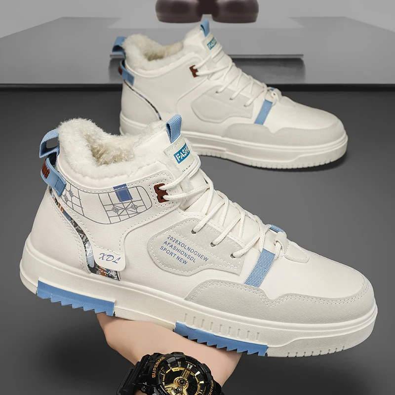 Mens Sneakers High-top Flat Comfoetable Winter Warm Cotton Leather Waterproof Casual Walking Shoes Fashion Outdoor Skate Shoes