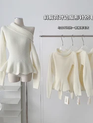Sweater Skew Collar Ruffle Design Women Solid Color Knit Pullover Soft Cozy Long Sleeve Knitwear Female French Style Elegance