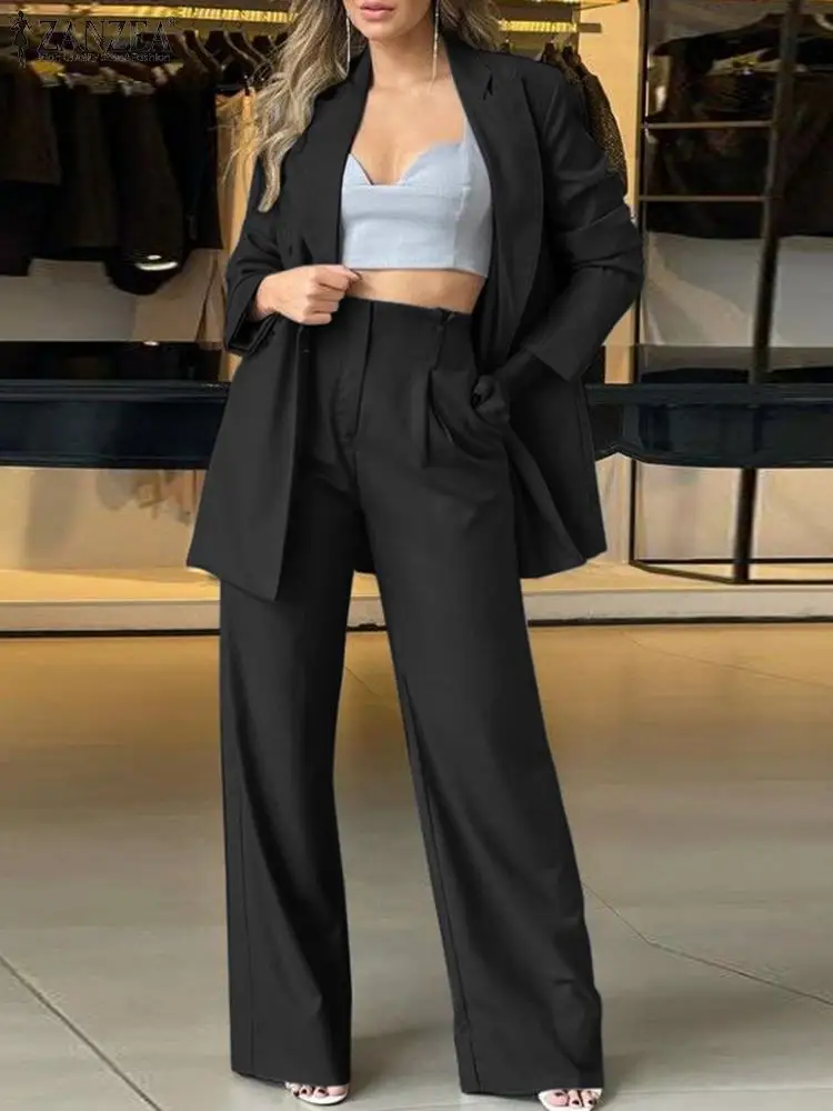 ZANZEA 2PCS Elegant Lapel Neck Long Sleeve Blazer Suits Fashion Autumn Outifit Women OL Work Tracksuit Solid Wide Leg Pants Sets 4