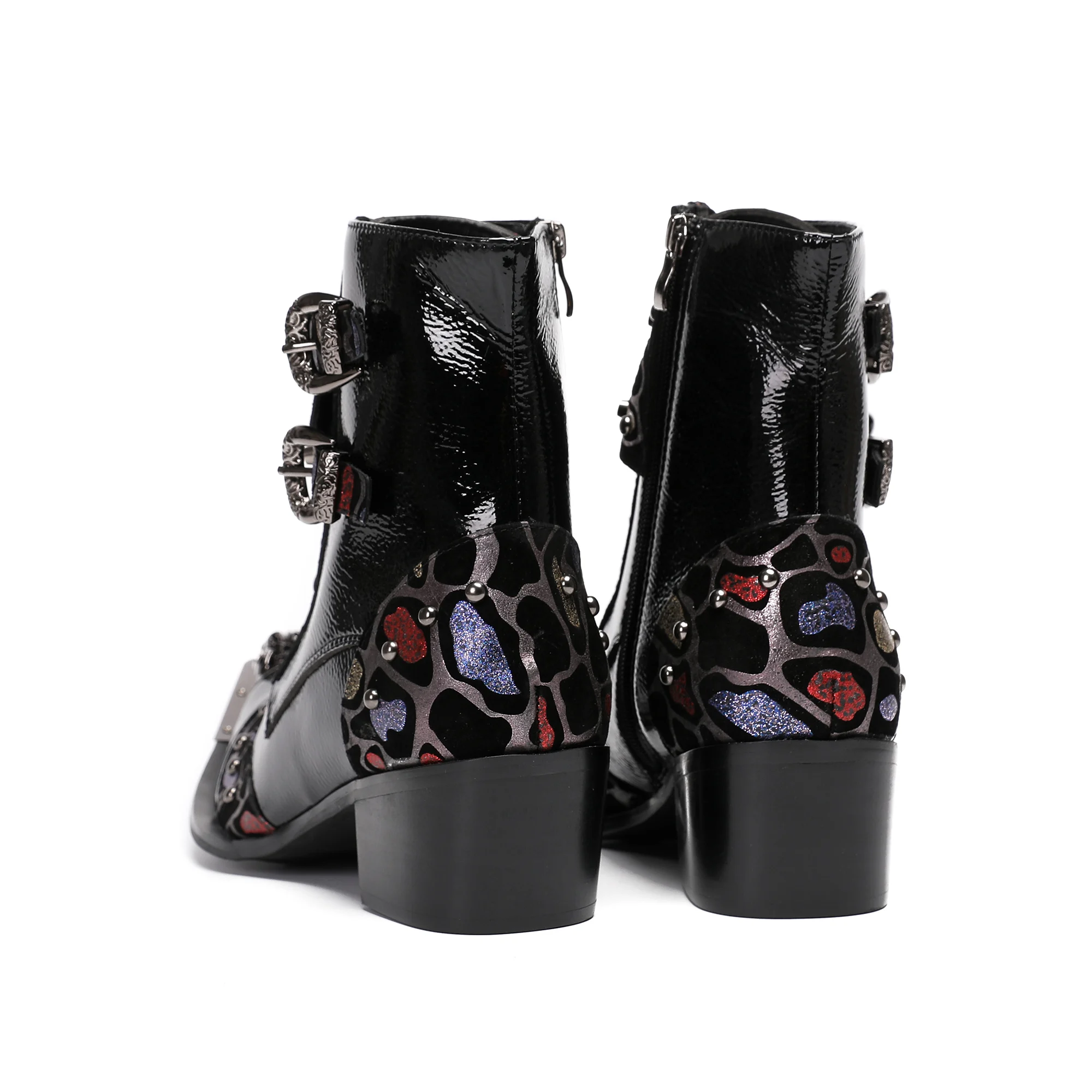 British Punk Style Men Short Ankle Boots High Heels Rivets Pointed Toe Dress Shoes Shiny Leather Mixed Color Zapatos Para Hombre