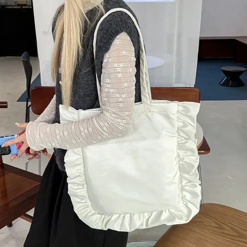 Elegant Vintage Women Tote Bags Ruffles Large Capacity Nylon Pleated Shoulder Bag French Style Handbag Sweet Female Handbag