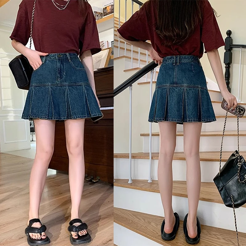 

Женская джинсовая юбка с высокой талией Y2k Harajuku, модная женская юбка в стиле Kawaii, повседневное синее ТРАПЕЦИЕВИДНОЕ ПЛАТЬЕ Y2k в готическом стиле