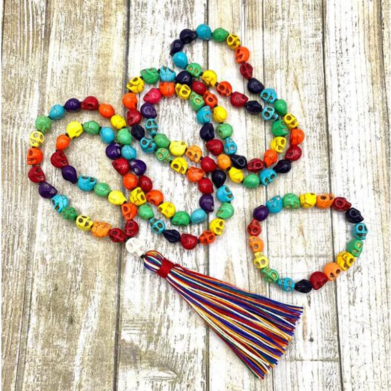 

Rainbow Color Skulls Meditation Mala with Colorful Tassel 108 Prayer Beads Pride Skull Necklace Natural Stone Skeleton