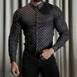 Men Vintage Polka Dot Print Business Fit Lapel Casual Long Sleeve Shirt Streetwear Cardigan High End Long Sleeve Shirt