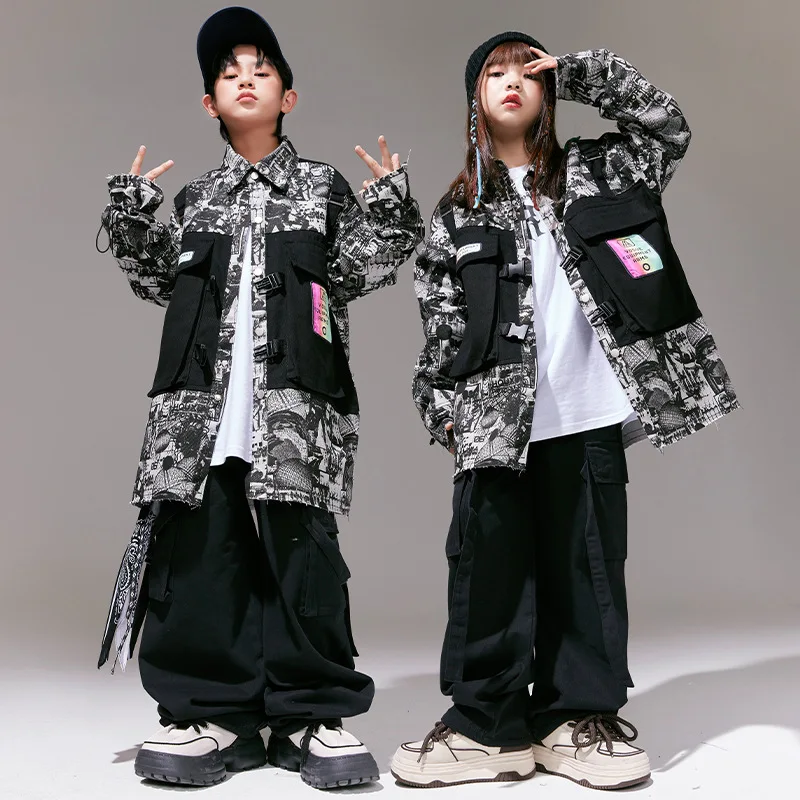 

Kid Kpop Hip Hop Clothing Print Mock Vest Shirt Jacket Black Casual Strap Cargo Pants for Girl Boy Jazz Dance Costumes Clothes