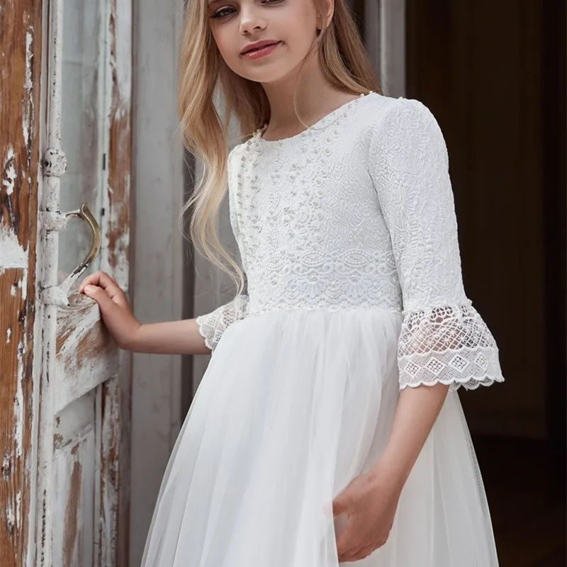 Bohemian Flower Girl Dresses For Wedding Lace Appliques A Line Kids Pageant Gowns Half Long Sleeves First Communion Dress