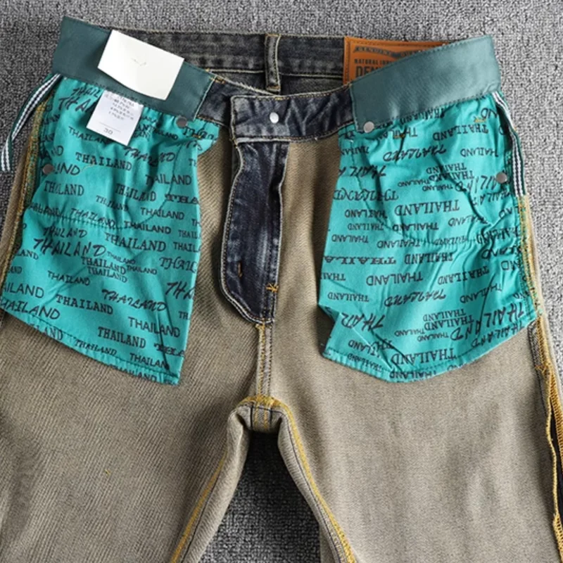 High street heavy vintage blue water wash old jeans men fit small straight leg trend youth long pants classic pants