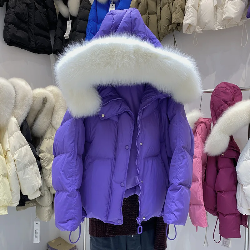 

Hot Sales 2023 New Women Fashion Overcoat Winter Coat White Duck Down Jacket With Big Real Fox Fur Collar Female Loose Outerwear
