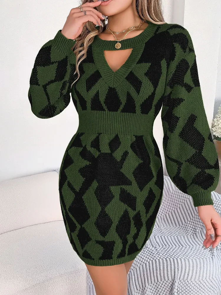 

New in Autumn Winter Women Sweater Dress Fashion Sexy Twist Hollowed Out Lantern Sleeve Elastic Waist Package Hip Party Dress