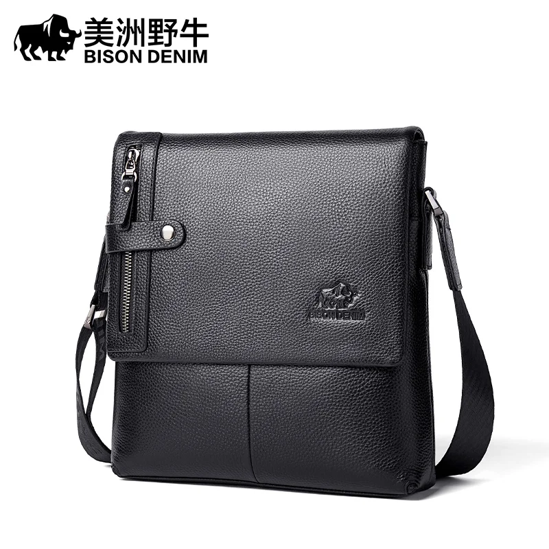 BISON DENIM Classic Black Male Bag Genuine Leather Business Crossbody Bag iPad Mens Messenger Bag Casual Bolsas Male N2845 2023 2