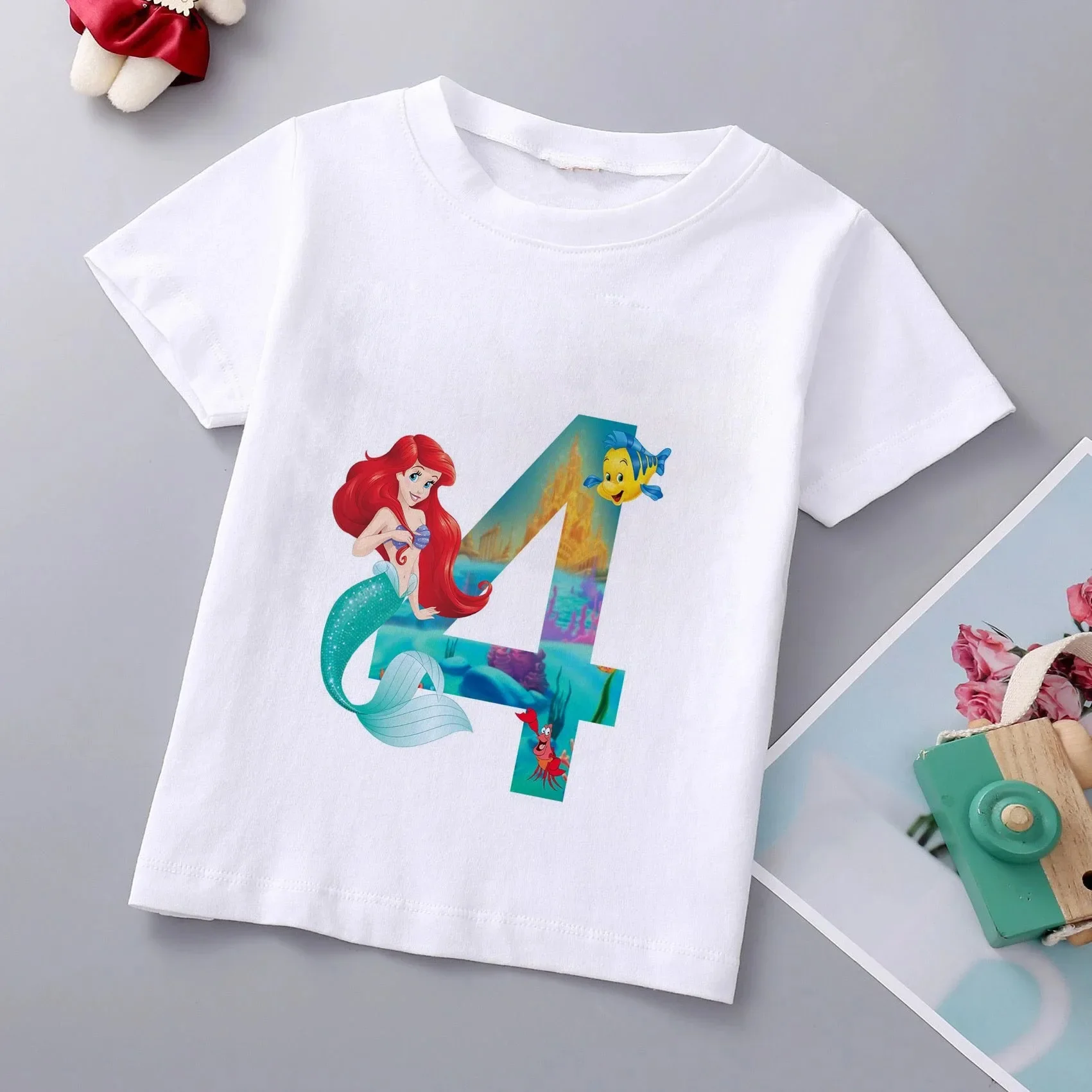 thumbnail image 1 of Camiseta de algodón con estampado de princesa sirena de Disney para niñas, ropa para bebés de princesa Ariel, top de dibujos animados para niños de 1 a 9 años, cumpleaños para niños, 1 of 5