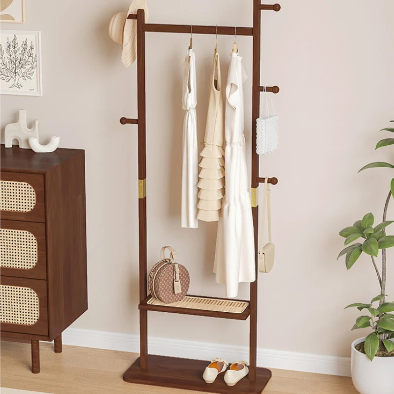Rattan Coat Stand Space-Saving Garment Rack for Bedroom Floor Type Clothes Organizer Minimalist Storage Solution for Small Space