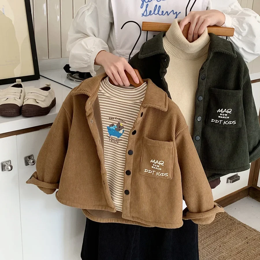 Fleece Lined Corduroy Shirt for Boys Baby Fashionable Autumn Winter Clothes Korean Style Children's Clothing Baby Shirt