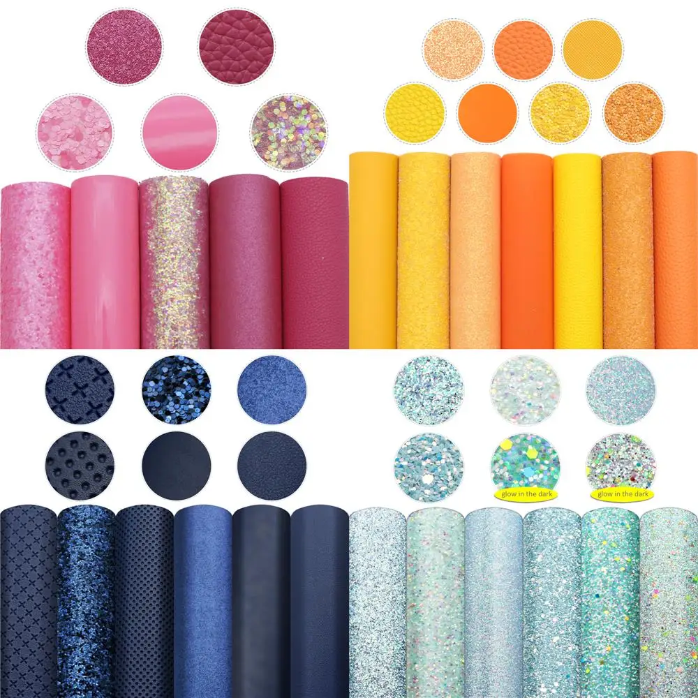 Chunky Glitter Faux Leather Sheets Solid Color Synthetic Leather Fabric Set for DIY Handmade Bags Earrings Bows Sewing Material