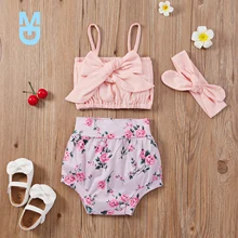 

New 3 Pcs born Summer Outfits, Baby Girls Solid Color Spaghetti Strap Boat Neck Camisole with Bowknot + Floral Shorts + Headband