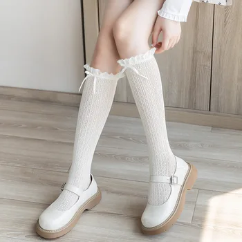 Japan Style Ruffle Long Socks Stockings JK Lolita Lace Knee Socks Stockings Women Sweet Girls Cute Bowknot Black White Stockings 4