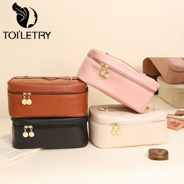 Bolsa de cosméticos de cuero PU para mujer, estuche de maquillaje de  almacenamiento de viaje portátil multifuncional, nuevo - AliExpress