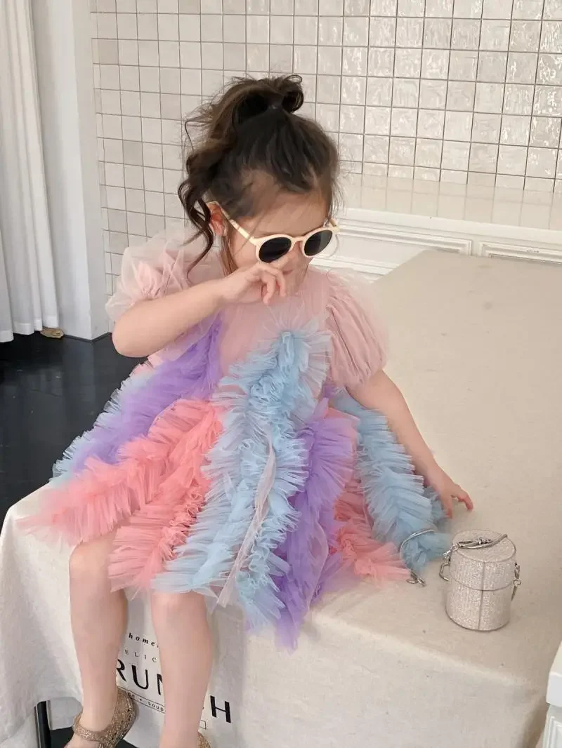

Одежда для маленьких девочек, новинка 2024, детская одежда, многослойное Сетчатое платье принцессы радужной расцветки для девочек, летнее платье для маленьких девочек с принтом
