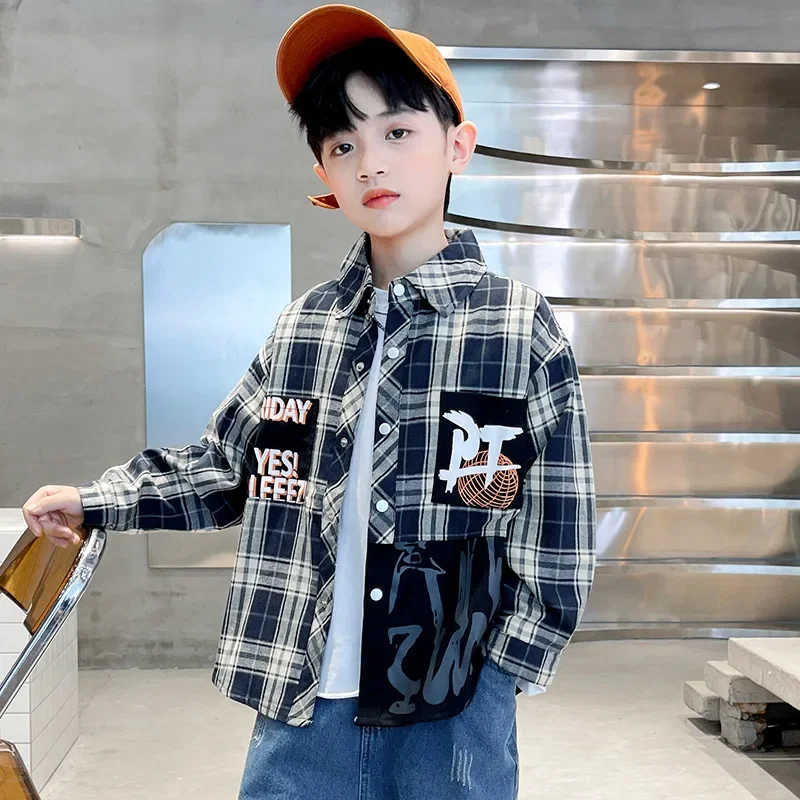 Spring Shirt for Boys Spring Autumn Patterned Plaid Shirt Handsome Boy's Clothing Big Kids Fashionable Checkered