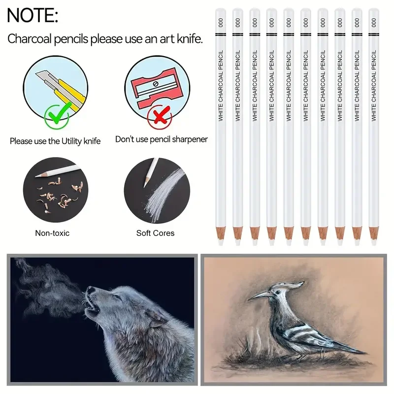 White Charcoal Pencils for Drawing, Professional 10 Pieces White Colored Pencils for Sketching, Shading, Blending, White 5