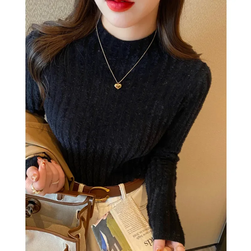 Autumn and Winter New Solid Color Women's Semi-turtleneck Long-sleeved Slim-fit Sweater Fashion Striped Knitwear Bottoming Shirt