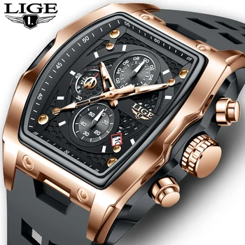 LIGE Men's Quartz Multifunction Watches Fashion Sports Chronograph 5ATM Waterproof Silicone Band Casual Man Wrist Watch For Men