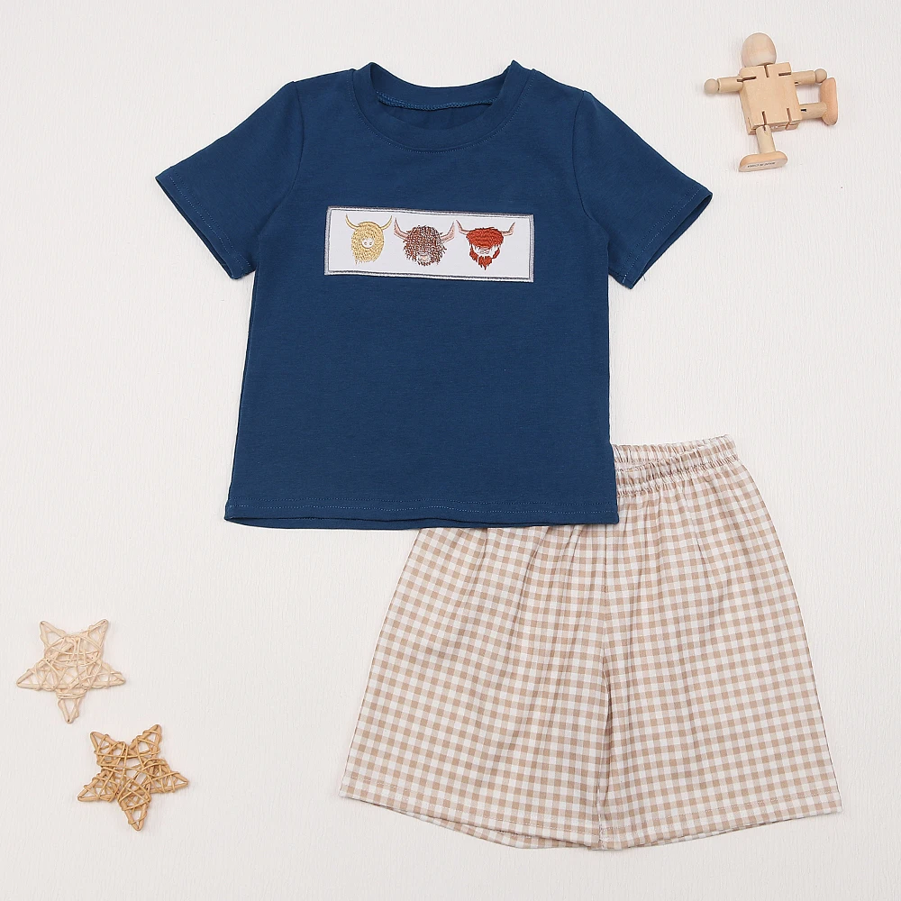 

2023 Baby Boy Summer Clothes Set Cattle Embroidery Bodysuit Bluey Suit Toddler Lattices Kids Clothing Boys 1-8T Bebes Outfits