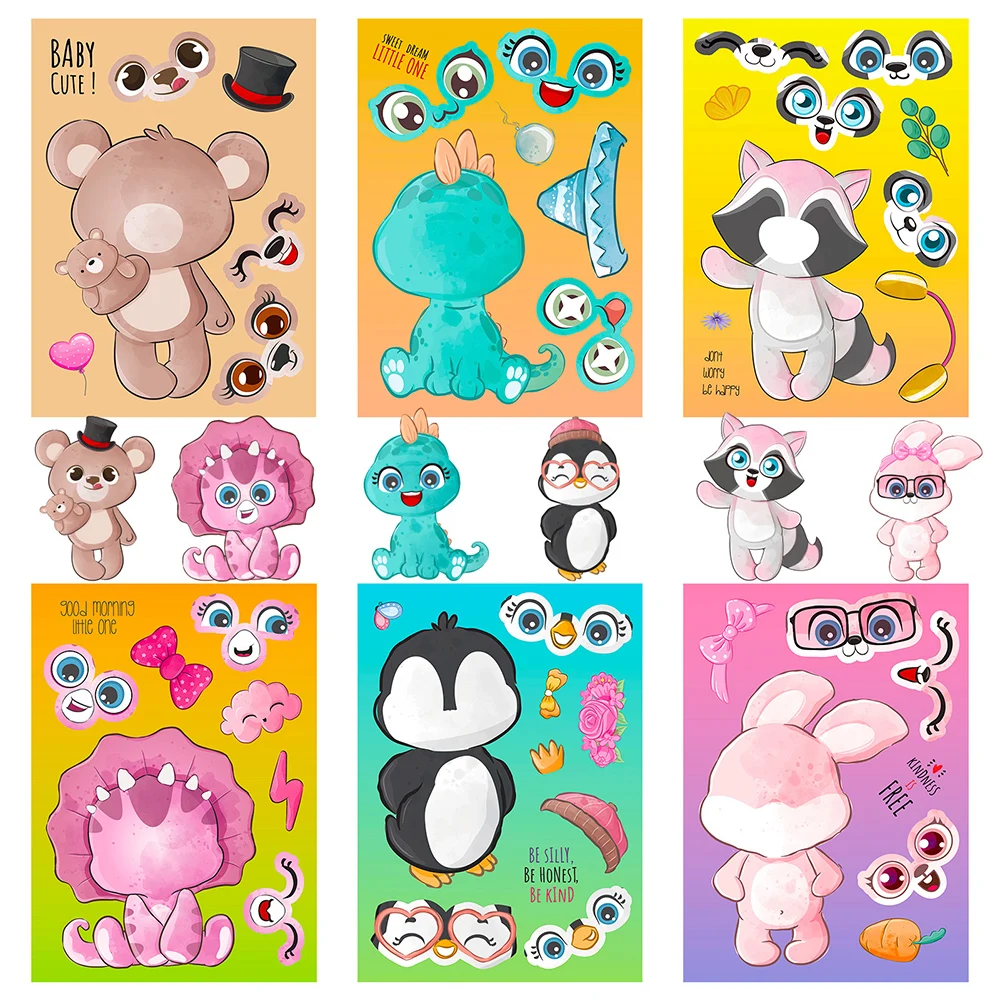 6/12sheets Kawaii Animal Puzzle Stickers Make a Face Penguins Decal Laptop Luggage Diary Waterproof Educational Sticker for Kids 10 30 50pcs creative cat anime stickers aesthetics animal sticker for laptop diary scrapbook tablet phone girls decal toys gift