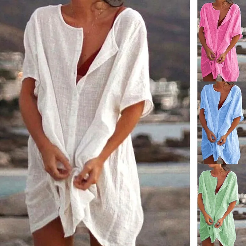 Women's Medium Long Short-sleeved Shirt Summer Thin Solid Color Loose Button Shirt Bikini Beach Cover Up Dress Beachwear new medium a5 dotted grid spiral notebook journal cardboard soft cover 100 pages for school supplies office accessories