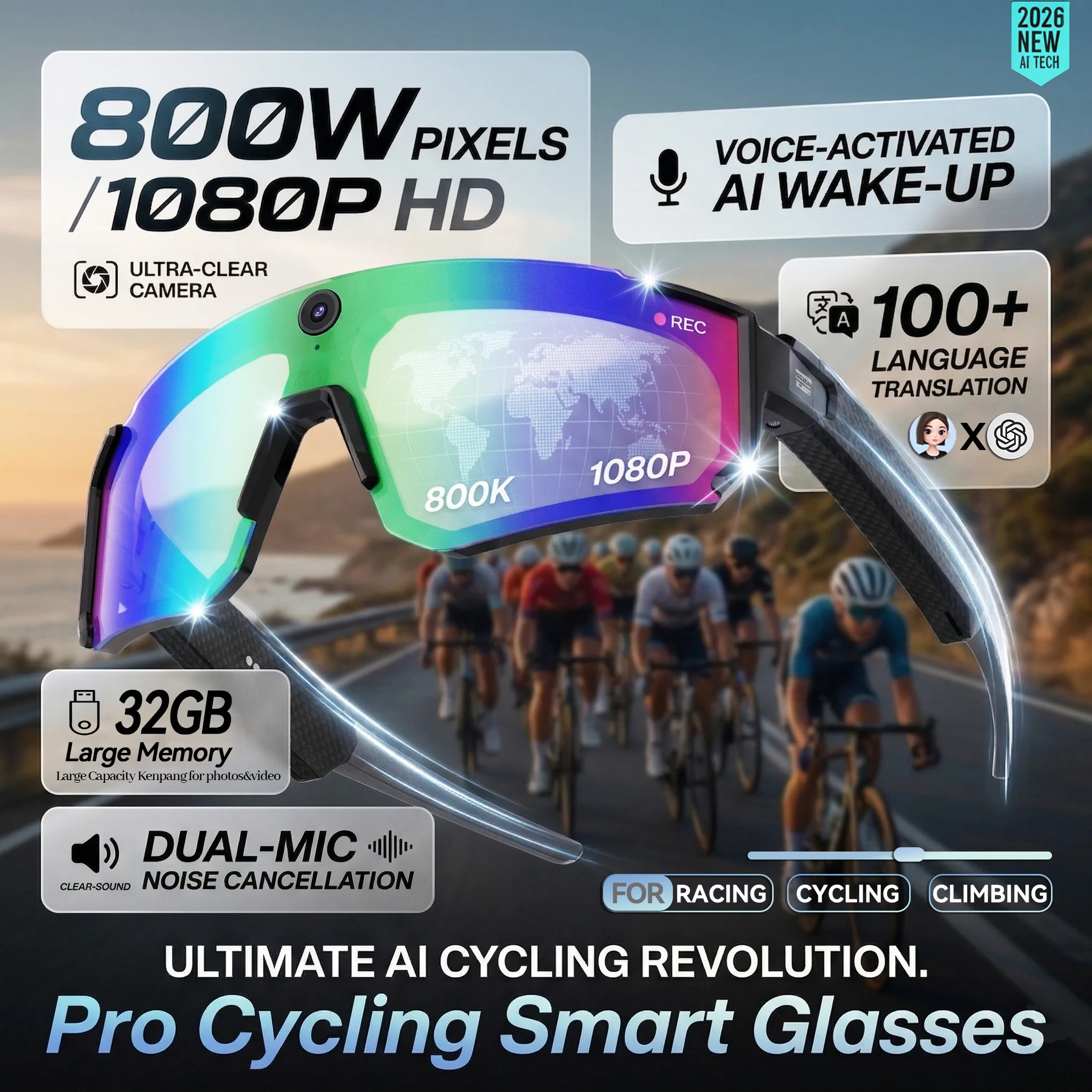 Smart Sunglasses 1200P HD Video Camera 32GB WiFi Audio Recorder AI Dialogue Translation Voice Wakeup Polarized Sports_voghion.com