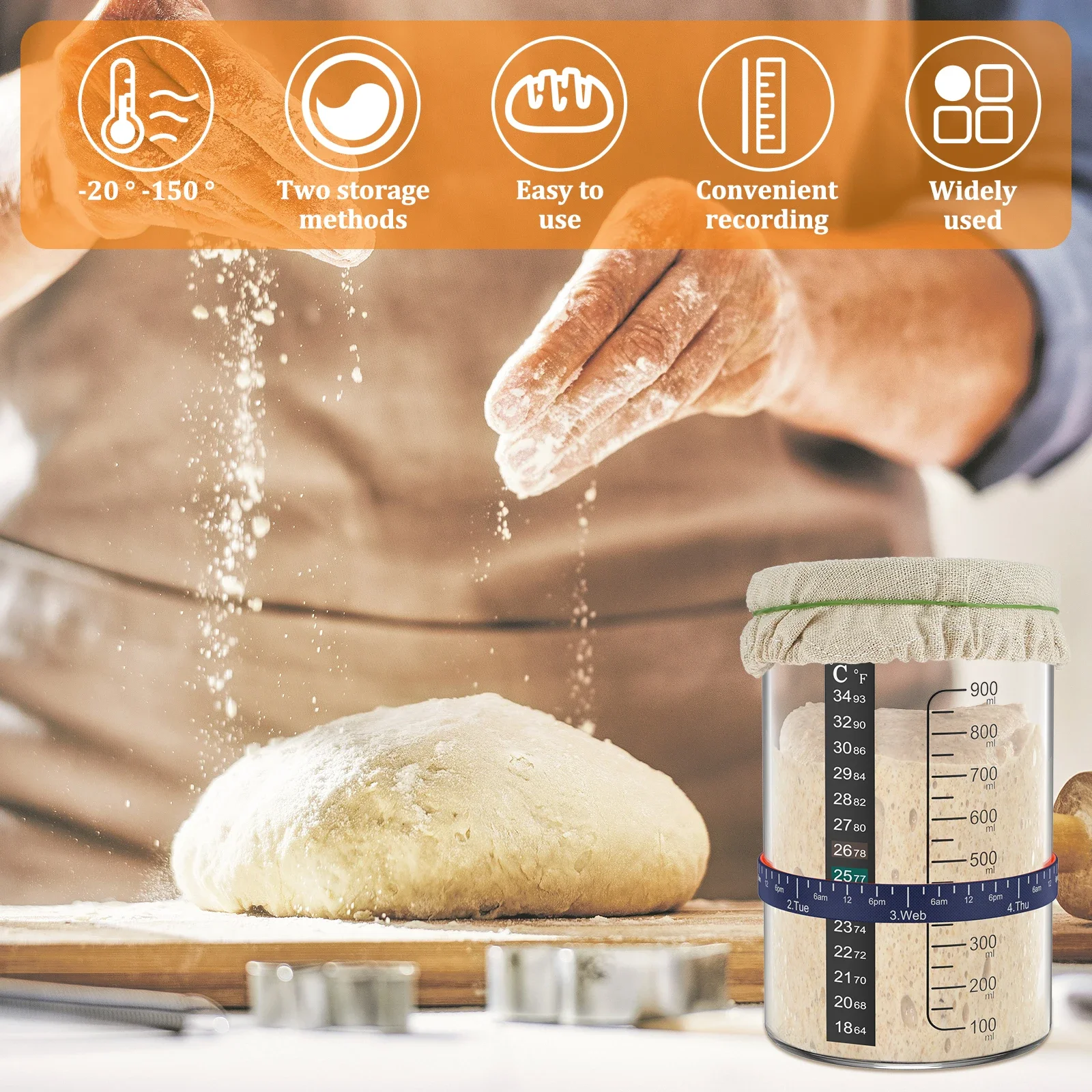 Sourdough Starter Jar 900ml Sourdough Starter Container with Spatula Feeding Band Reusable Glass Fermentation Jar