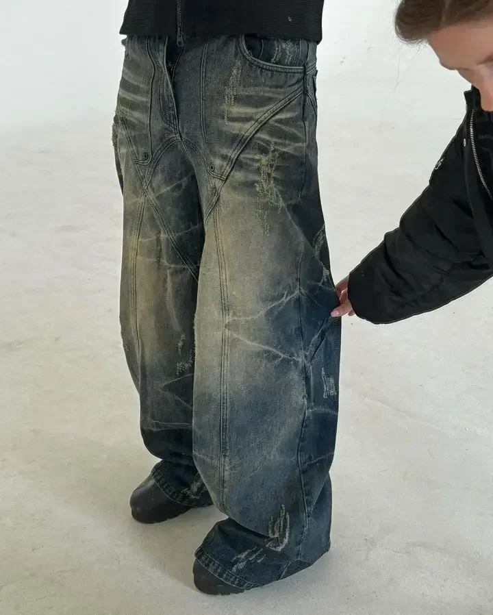 아메리칸 뉴 스타일 레트로 하이 웨이스트 루즈 청바지, Y2k 힙합 록 찢어진 청바지, 남성 여성 하라주쿠 펑크 스트리트 와이드 레그 팬츠