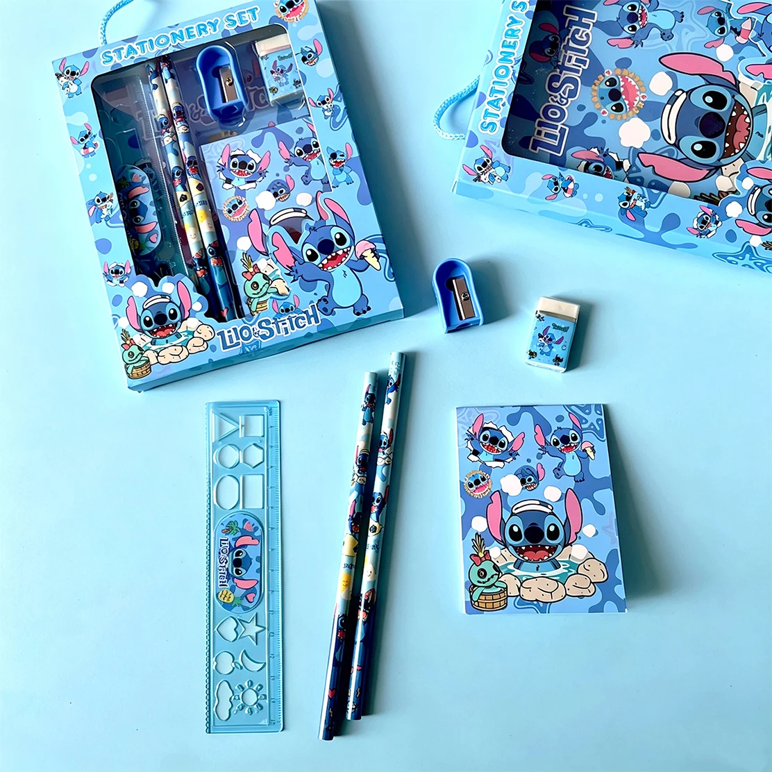 6PCS/Set Disney Stitch Stationery Set School Gifts With Pencil Pen Sharpener Eraser Notebook Ruler - 6