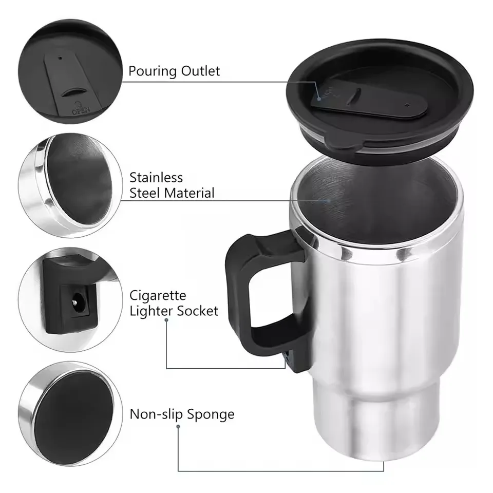 전기 가열 자동차 주전자 12V 450ml 차량용 가열 컵 스테인리스 스틸 캠핑 여행용 주전자 물 커피 우유 보온 머그컵