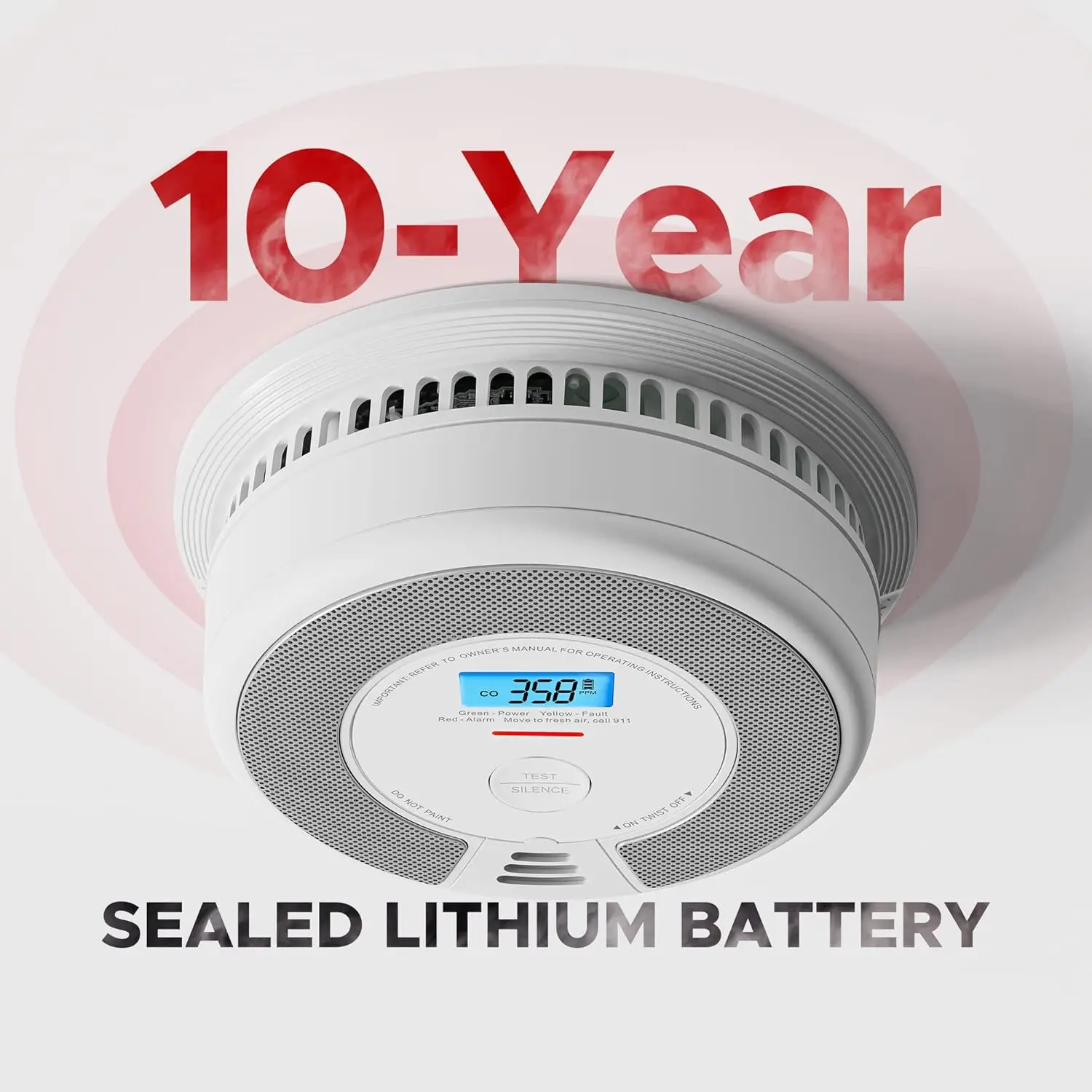Carbon Monoxide Detector with LCD Display & 10-Year Battery, Over 820 ft T