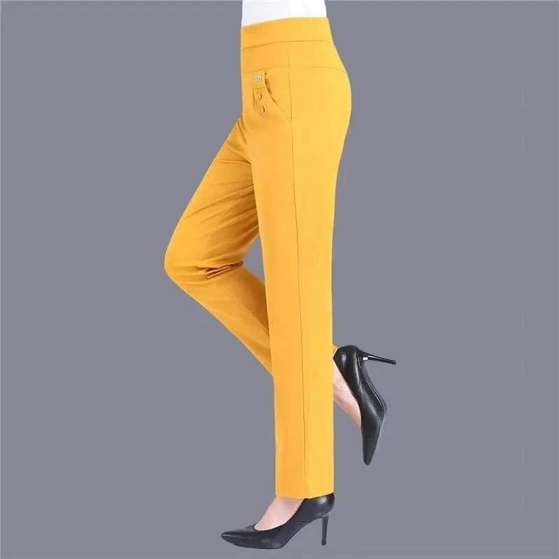 Summer Elastic High Waist Pants Women Straight Pants Slim Pencil Pants Thin Casual Trouser Plus Size Korean Women Clothing New