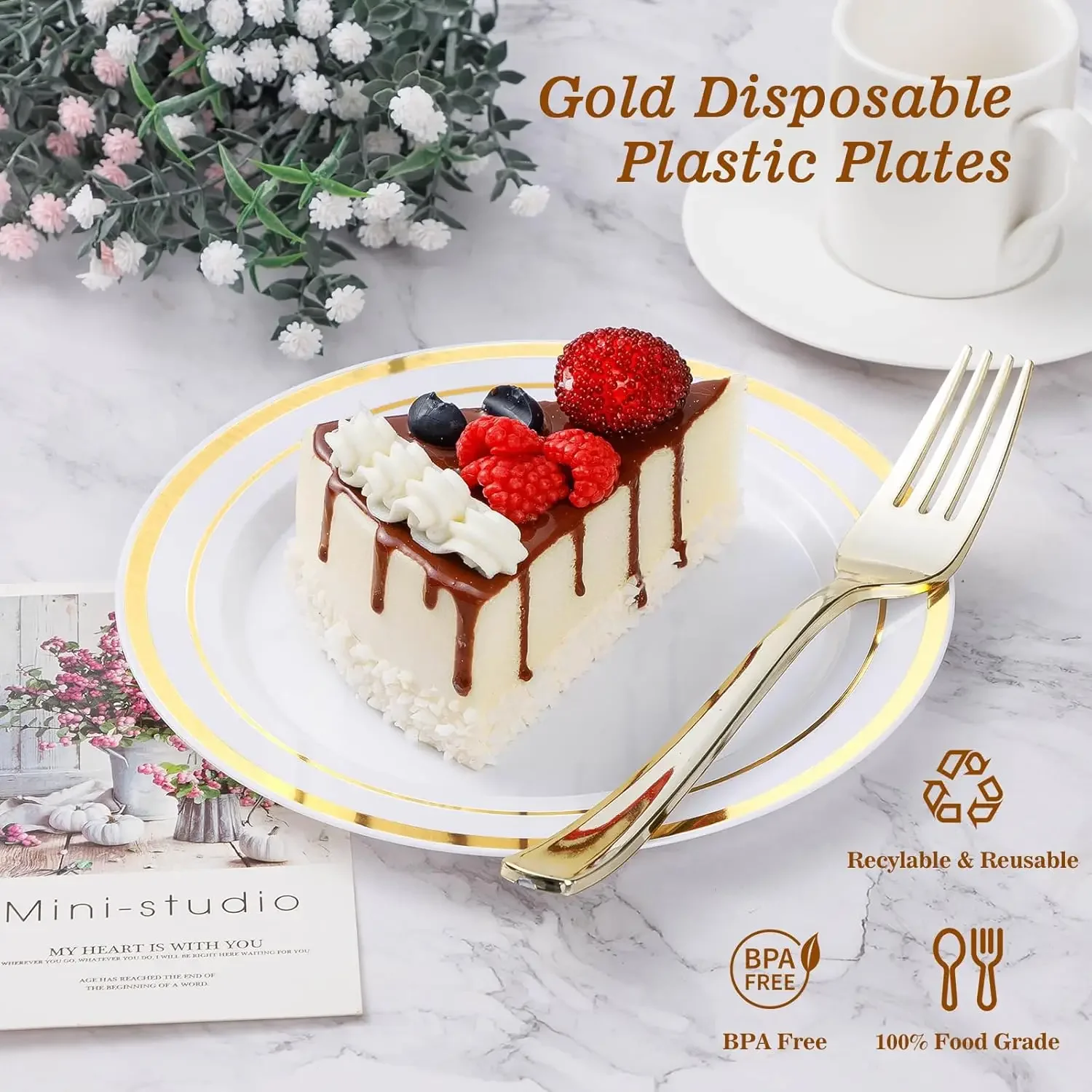 100PCS Gold Plastic Plate 10.25 Inch Disposable Dinner Plate Party with Gold Rim, Heavy Duty Disposable Plastic Plates for Party