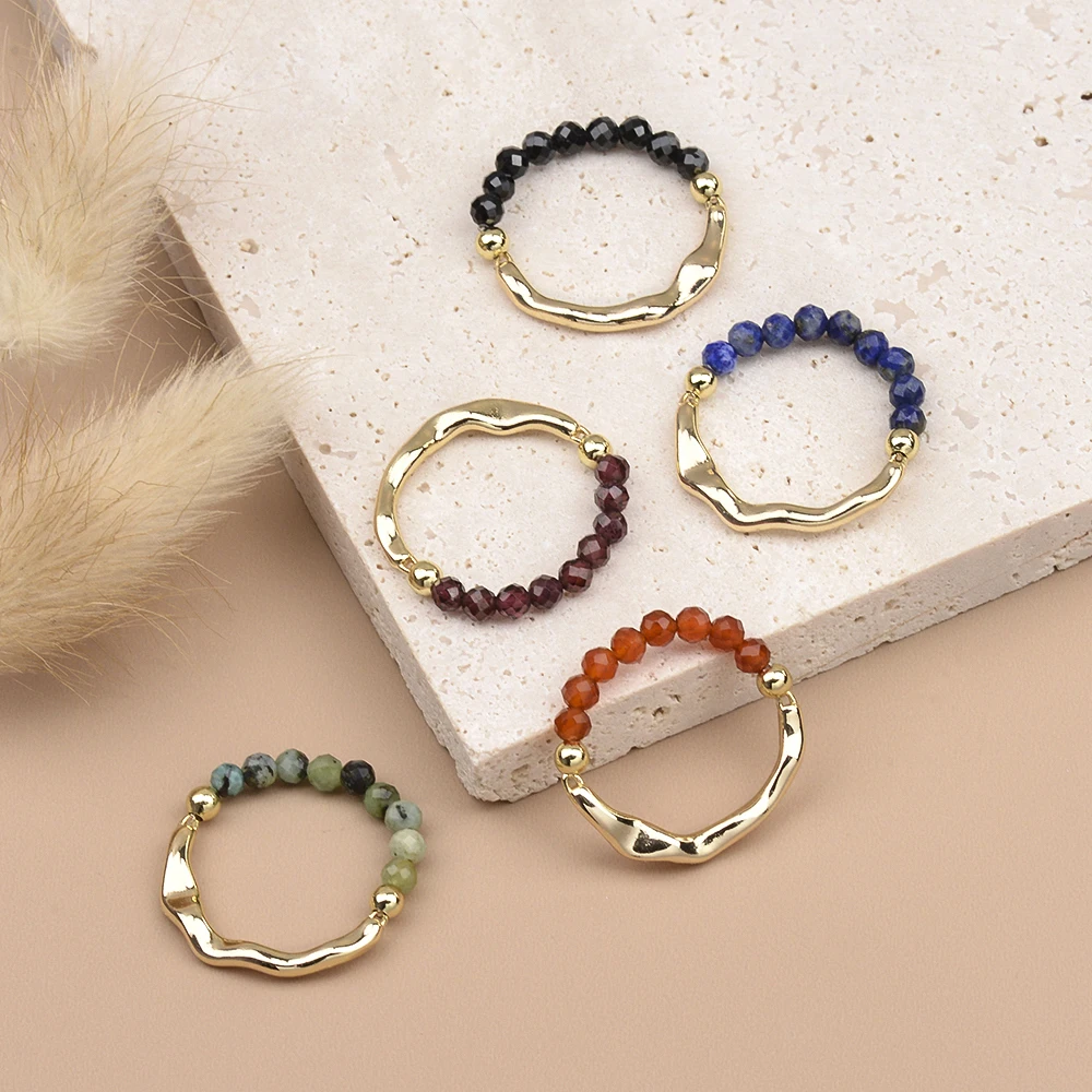 3MM Natural Stone Yellow Opal Moonstone Lapis Faceted Beads Round Beads Brass Stretchable Rings Fashion Jewelry For Women Gift