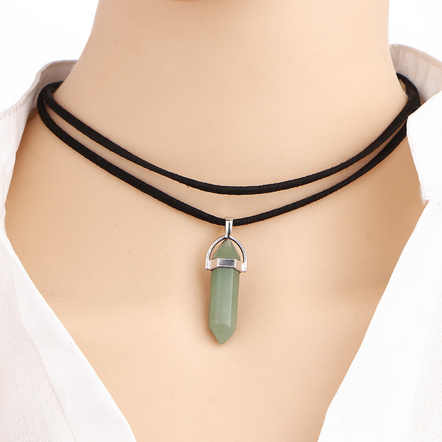 Crystal Chakra Pendulum Pendant Necklaces For Women Teens Girls Hexagonal Stone Leather Choker Chain Statement Necklace