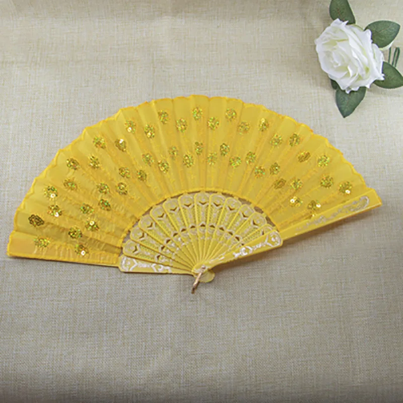 Chinese Style Folding Plastic Bone Hand Fan with Sequins, Portable Dance Fan, Photo Props, Wedding Party Decor, Women